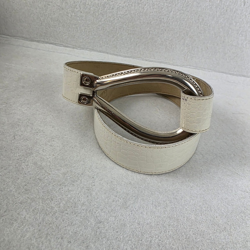 Le Chateau Y2K White Genuine Leather Belt M Silver Statement Buckle Canada